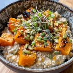 ['Close-up of savory oatmeal topped with butternut squash and pumpkin seeds.', 'Side view of a bowl of oatmeal mixed with squash and garnished with microgreens.', 'Detailed shot of creamy oatmeal featuring colorful squash cubes and green onions.', 'Rich, textured oatmeal served with a sprinkle of pumpkin seeds and lime wedges.']