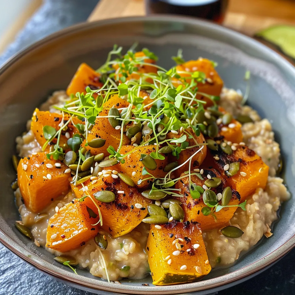 ['Close-up of savory oatmeal topped with butternut squash and pumpkin seeds.', 'Side view of a bowl of oatmeal mixed with squash and garnished with microgreens.', 'Detailed shot of creamy oatmeal featuring colorful squash cubes and green onions.', 'Rich, textured oatmeal served with a sprinkle of pumpkin seeds and lime wedges.']