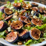 ['Close-up view of a vibrant Roasted Fig Salad featuring greens and figs.', 'Side perspective of a Roasted Fig Salad with mixed greens and gorgonzola.', 'Juicy roasted figs atop a mixed greens salad with dressing drizzled over.', 'A colorful platter of Roasted Fig Salad showcasing halved figs and cheese.']
