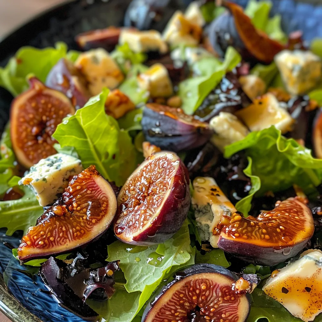 ['Close-up view of a vibrant Roasted Fig Salad featuring greens and figs.', 'Side perspective of a Roasted Fig Salad with mixed greens and gorgonzola.', 'Juicy roasted figs atop a mixed greens salad with dressing drizzled over.', 'A colorful platter of Roasted Fig Salad showcasing halved figs and cheese.']
