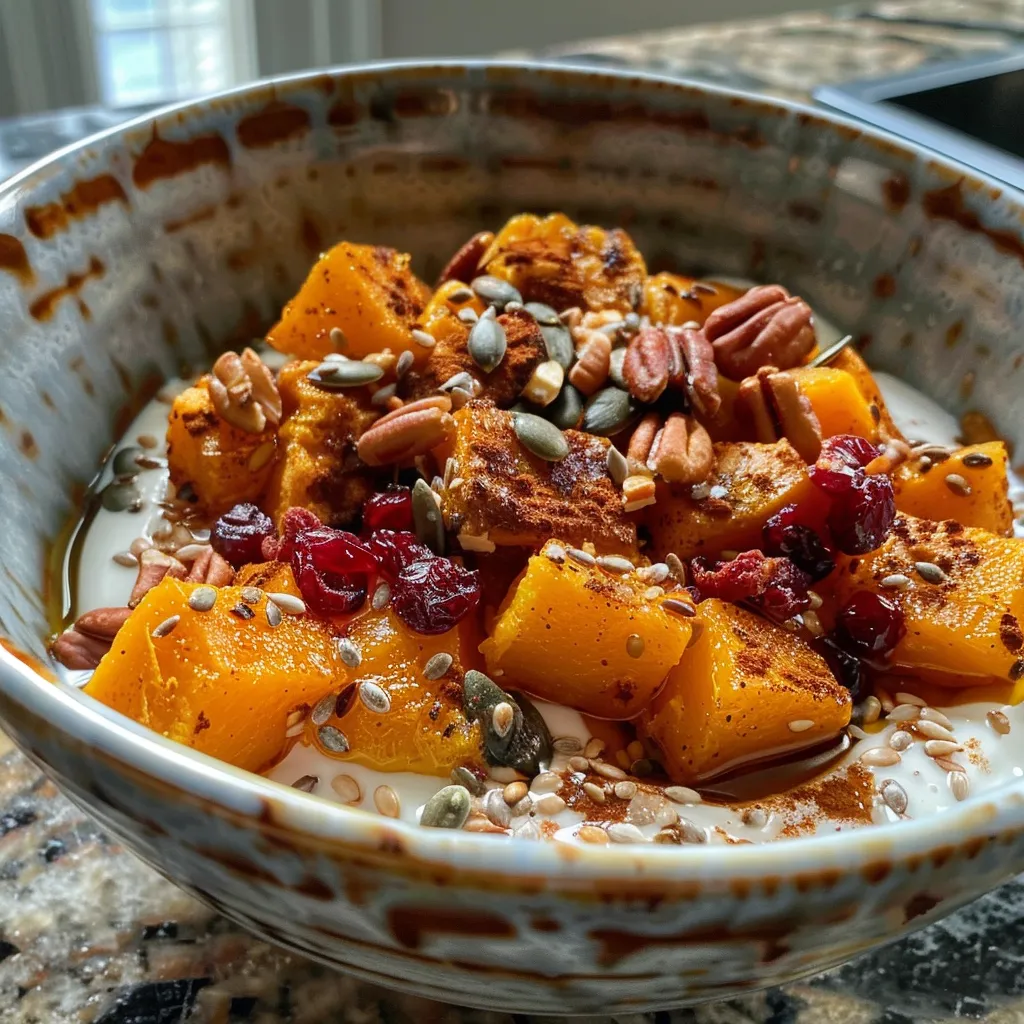 Close-up view of roasted pumpkin slices topped with lemon yogurt sauce and pine nuts.