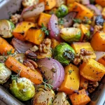 ['Close-up view of roasted autumn vegetables including butternut squash, brussels sprouts, and carrots.', 'Colorful mix of roasted vegetables with garlic and herbs presented on a plate.', 'Side view of a vibrant autumn vegetable medley featuring seasonal produce.', 'Detailed shot of juicy roasted vegetables garnished with fresh herbs on a wooden surface.']
