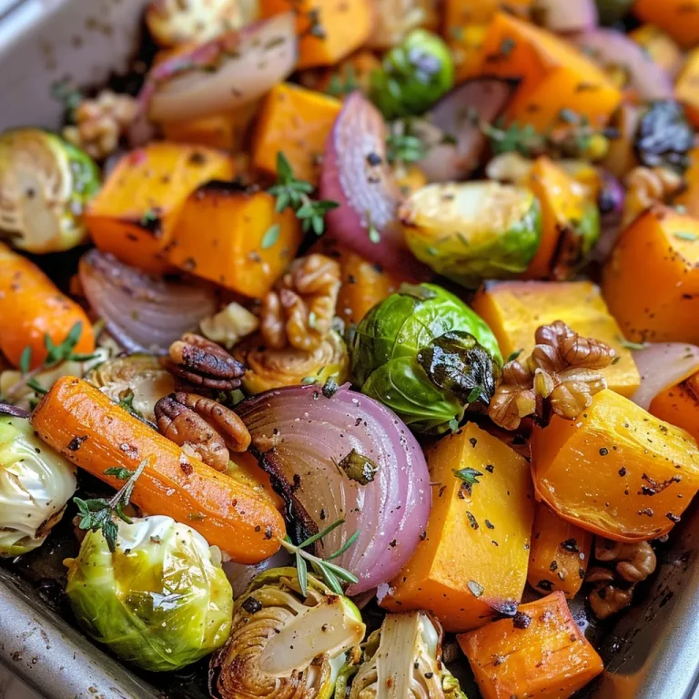 ['Close-up view of roasted autumn vegetables including butternut squash, brussels sprouts, and carrots.', 'Colorful mix of roasted vegetables with garlic and herbs presented on a plate.', 'Side view of a vibrant autumn vegetable medley featuring seasonal produce.', 'Detailed shot of juicy roasted vegetables garnished with fresh herbs on a wooden surface.']
