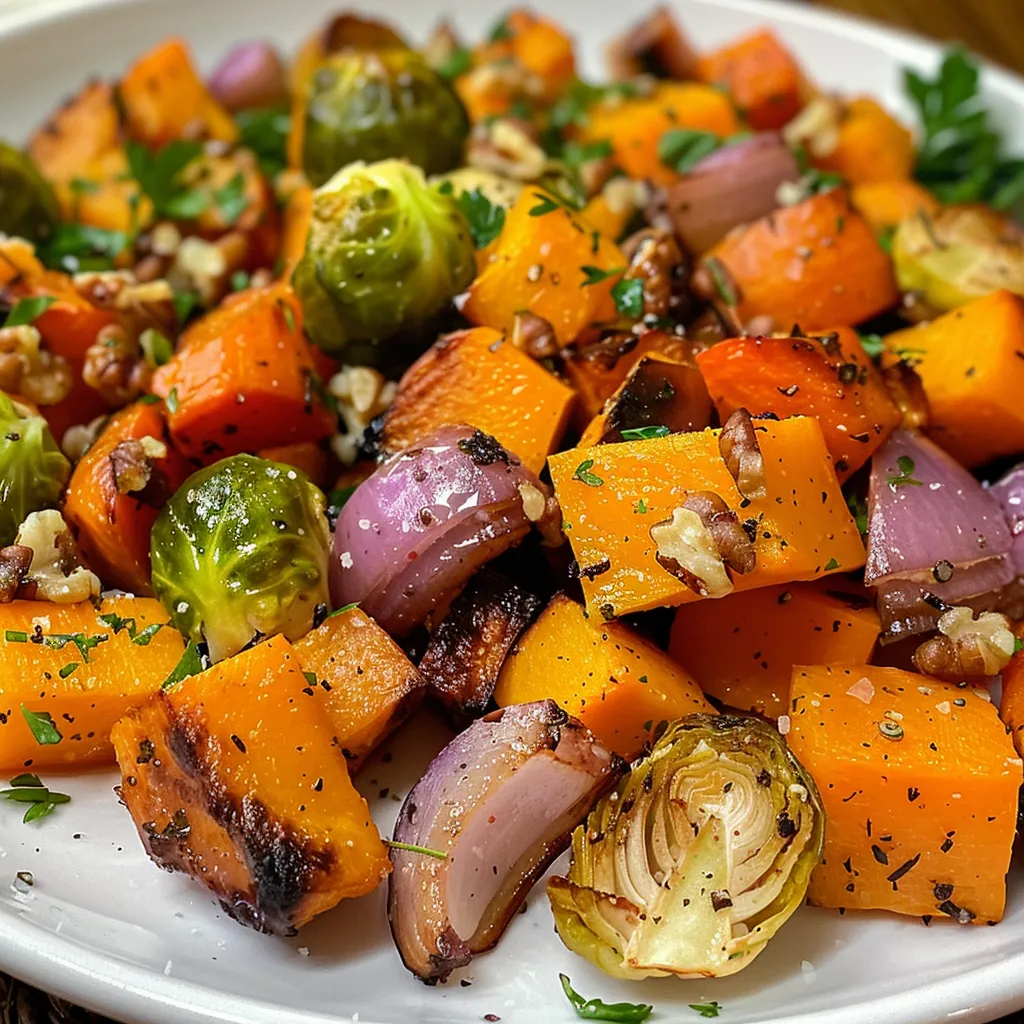 Close-up view of roasted autumn vegetables including butternut squash, brussels sprouts, and carrots.