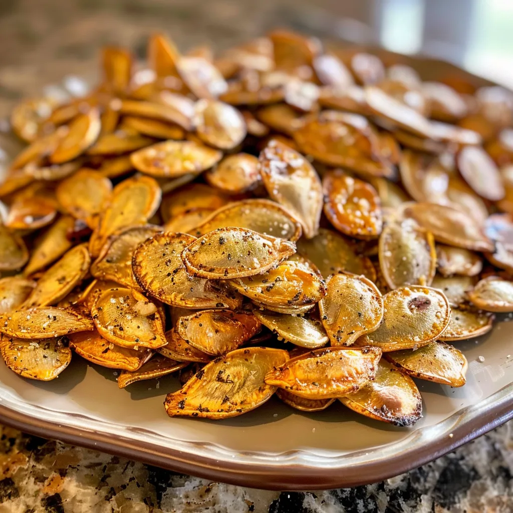 ['Close-up view of roasted squash seeds on a wooden surface, showcasing their golden color and texture.', 'A side view of crunchy roasted squash seeds in a small bowl, highlighting their shiny appearance.', 'An iPhone photo of roasted squash seeds with a focus on their crispy, irregular shapes and a hint of seasoning.', 'Detailed image of roasted squash seeds, emphasizing their rich brown hues and glossy finish.']