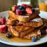 ['Close-up side view of a stack of Easy High Protein French Toast with berries and syrup.', 'Juicy Easy High Protein French Toast on a plate, topped with Greek yogurt and powdered sugar.', 'Deliciously prepared Easy High Protein French Toast with fresh berries and a drizzle of maple syrup.', 'Side view of golden brown Easy High Protein French Toast garnished with yogurt and fruit.']