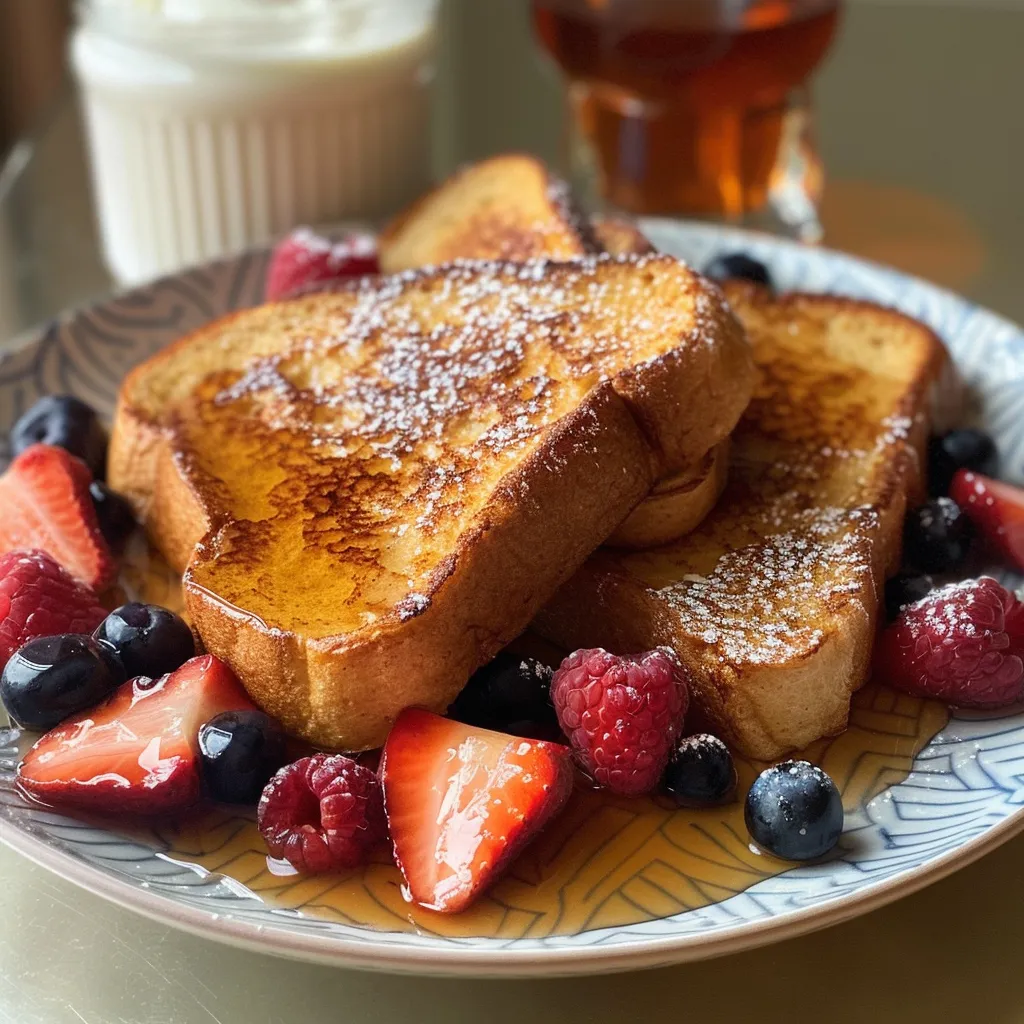 Close-up side view of a stack of Easy High Protein French Toast with berries and syrup.