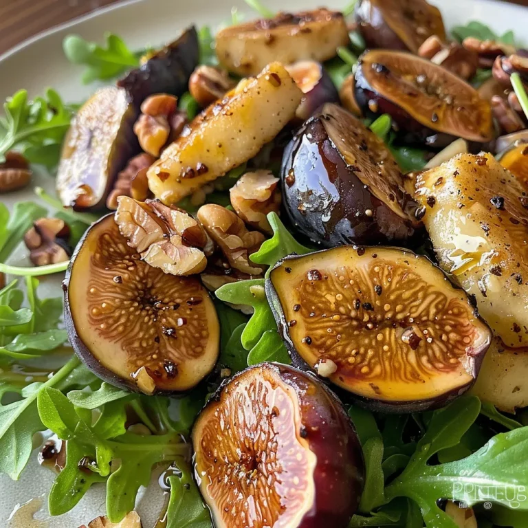 ['A close-up view of a vibrant salad featuring roasted figs, halloumi cheese, and arugula.', 'Juicy balsamic roasted figs and crispy halloumi serve as the centerpiece of a fresh salad.', 'A colorful bowl of salad with figs, halloumi, walnuts, and drizzled balsamic vinegar.', 'A delicious arrangement of figs, halloumi, and greens in a close-up salad presentation.']