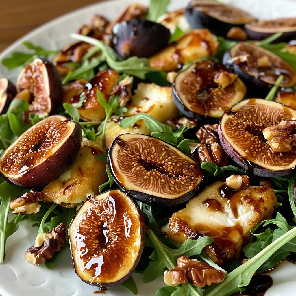 A close-up view of a vibrant salad featuring roasted figs, halloumi cheese, and arugula.