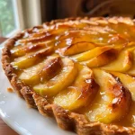 ['A side view of a Vegan Apple Tart showcasing a golden, flaky crust filled with sliced apples.', 'Close-up image of a Vegan Apple Tart with juicy apple slices visible through a golden crust.', 'Side perspective of a delectable Vegan Apple Tart highlighting its textured pastry and apple filling.', 'Detailed view of a Vegan Apple Tart, emphasizing the layers of sweet, baked apples and crust.']