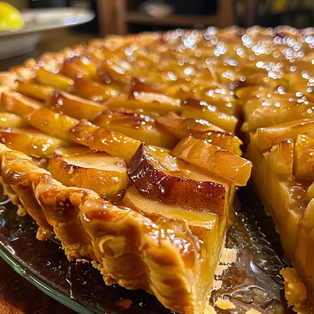 ['A side view of a Vegan Apple Tart showcasing a golden, flaky crust filled with sliced apples.', 'Close-up image of a Vegan Apple Tart with juicy apple slices visible through a golden crust.', 'Side perspective of a delectable Vegan Apple Tart highlighting its textured pastry and apple filling.', 'Detailed view of a Vegan Apple Tart, emphasizing the layers of sweet, baked apples and crust.']