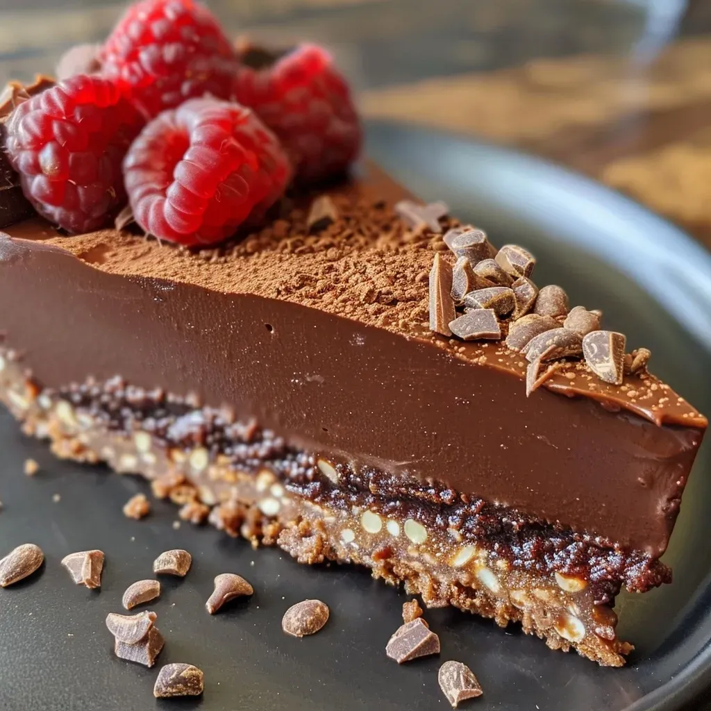 ['Close-up side view of a decadent vegan chai chocolate tart with a glossy chocolate layer.', 'A luscious slice of vegan chai chocolate tart showcasing layers of cocoa and spices.', 'Side profile of a vegan tart highlighting its rich chocolate filling and crust.', 'An inviting vegan chai chocolate tart, emphasizing its smooth texture and vibrant color.']