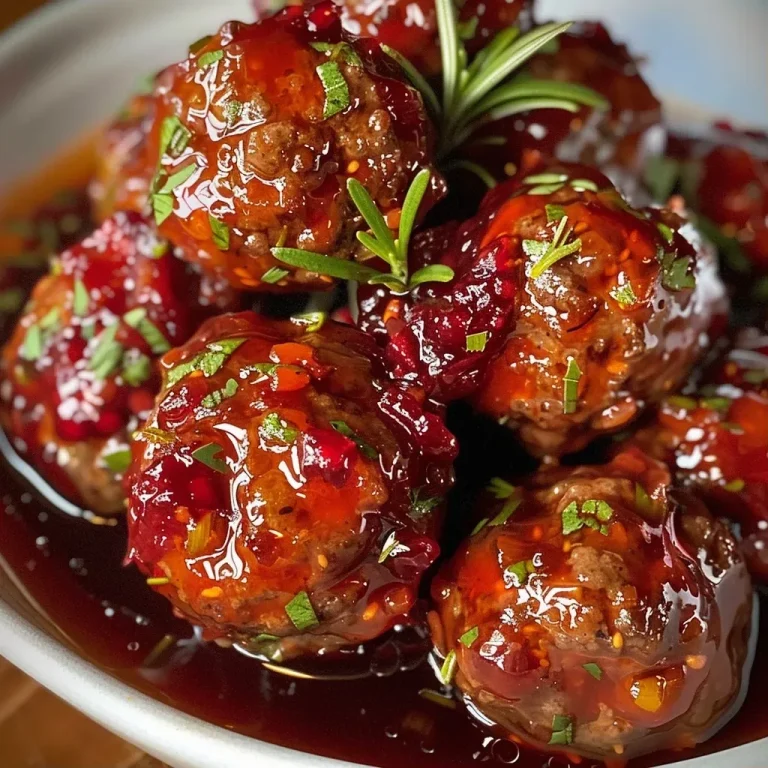 ['Close-up view of juicy vegan meatballs coated in cranberry sauce.', 'Side view of vibrant vegan cranberry chili meatballs on a plate.', 'Appetizing vegan meatballs glistening with a rich cranberry glaze.', 'Delicious vegan meatballs garnished, showcasing their colorful sauce.']