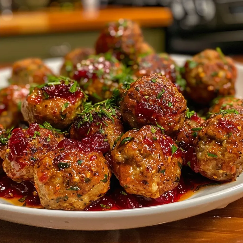 Close-up view of juicy vegan meatballs coated in cranberry sauce.