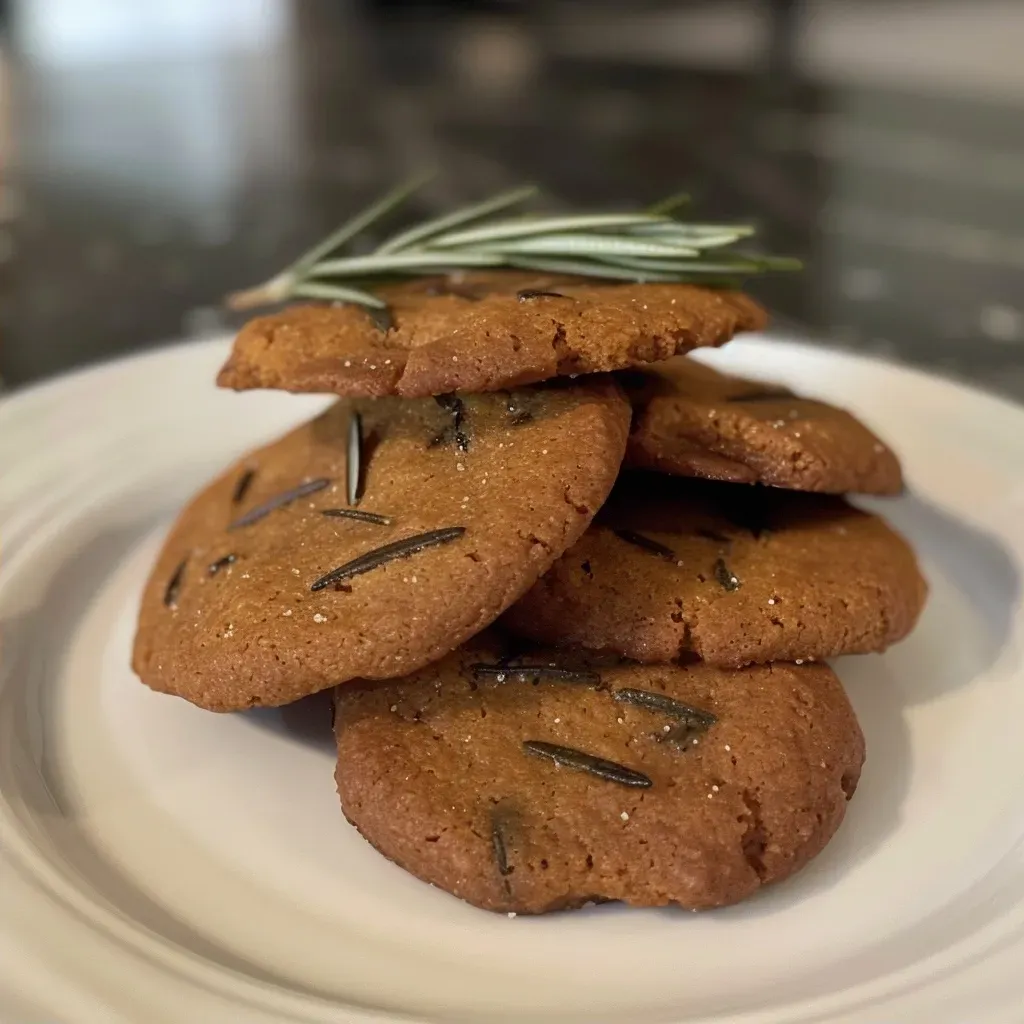 ['Close-up view of vegan rosemary cookies featuring chunks of honeynut squash.', 'Side view of freshly baked vegan rosemary cookies topped with sugar.', 'Juicy vegan rosemary cookies with a golden-brown exterior and herbs visible.', 'Detailed image of vegan cookies infused with rosemary and honeynut squash.']
